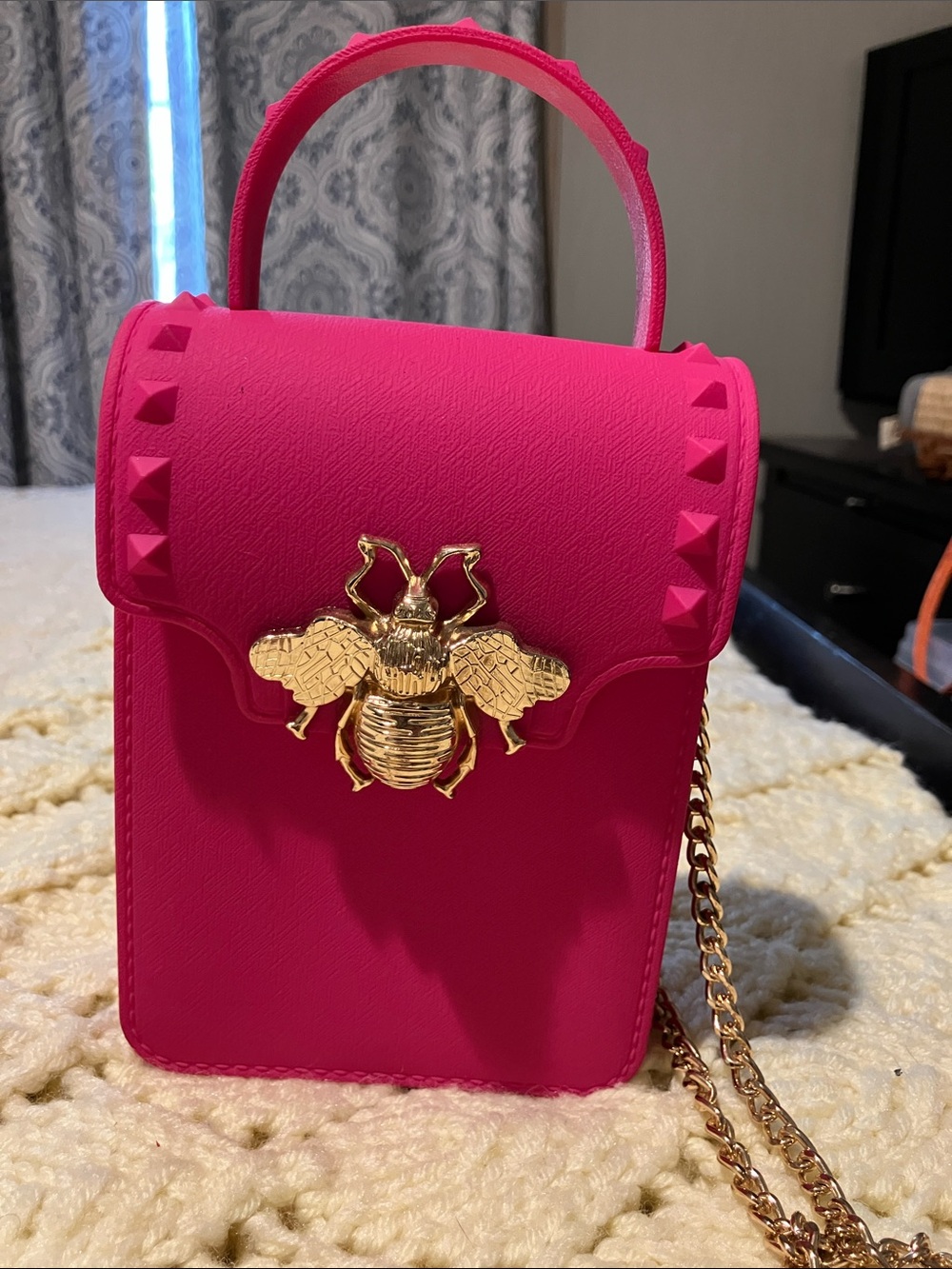 Hot Pink Structured Top-Handle Crossbody Bag with Gold Bee Accent